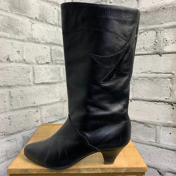 Vintage 80s Black Leather Retro Boots Black 7 Mid Calf Mid Low Kitten Cone Heel - Picture 1 of 16